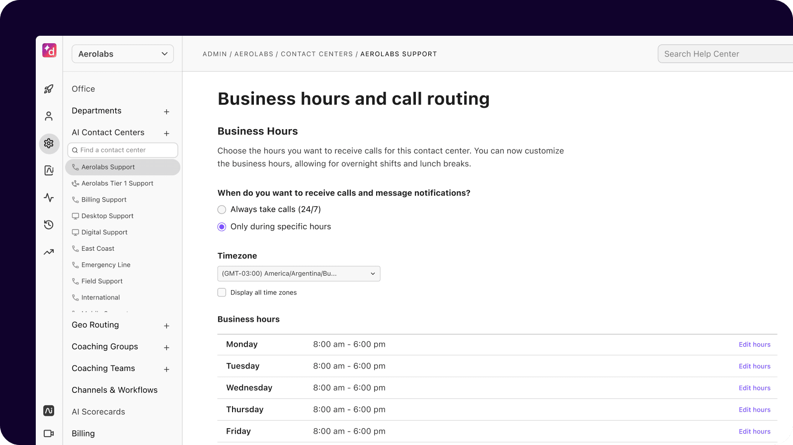 Screenshot of setting business hours for a company in Dialpad's dashboard