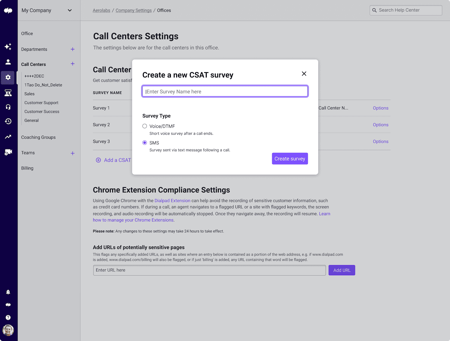 Screenshot of creating a new CSAT survey in Dialpad