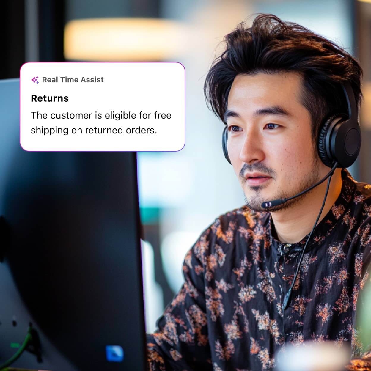 An agent receiving helpful notes from Dialpad's real-time assist cards, which appear when a tricky question arises on a call