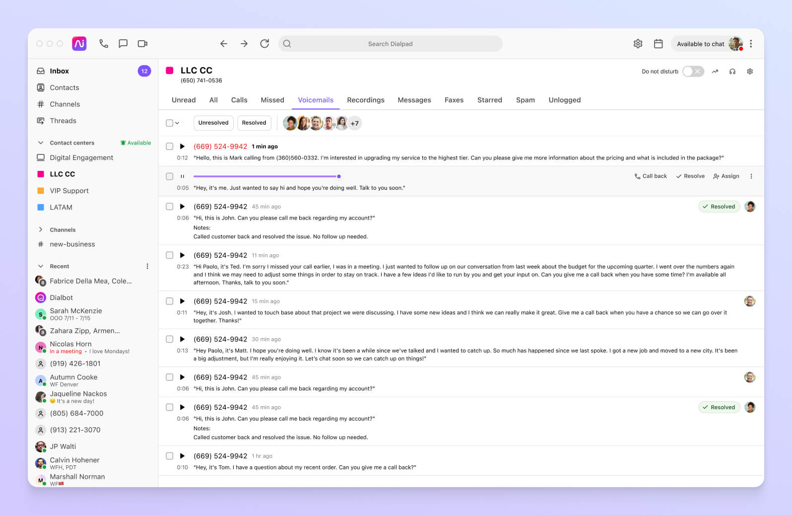 Screenshot of a list of voicemails in Dialpads desktop app, showing caller IDs, times, and durations