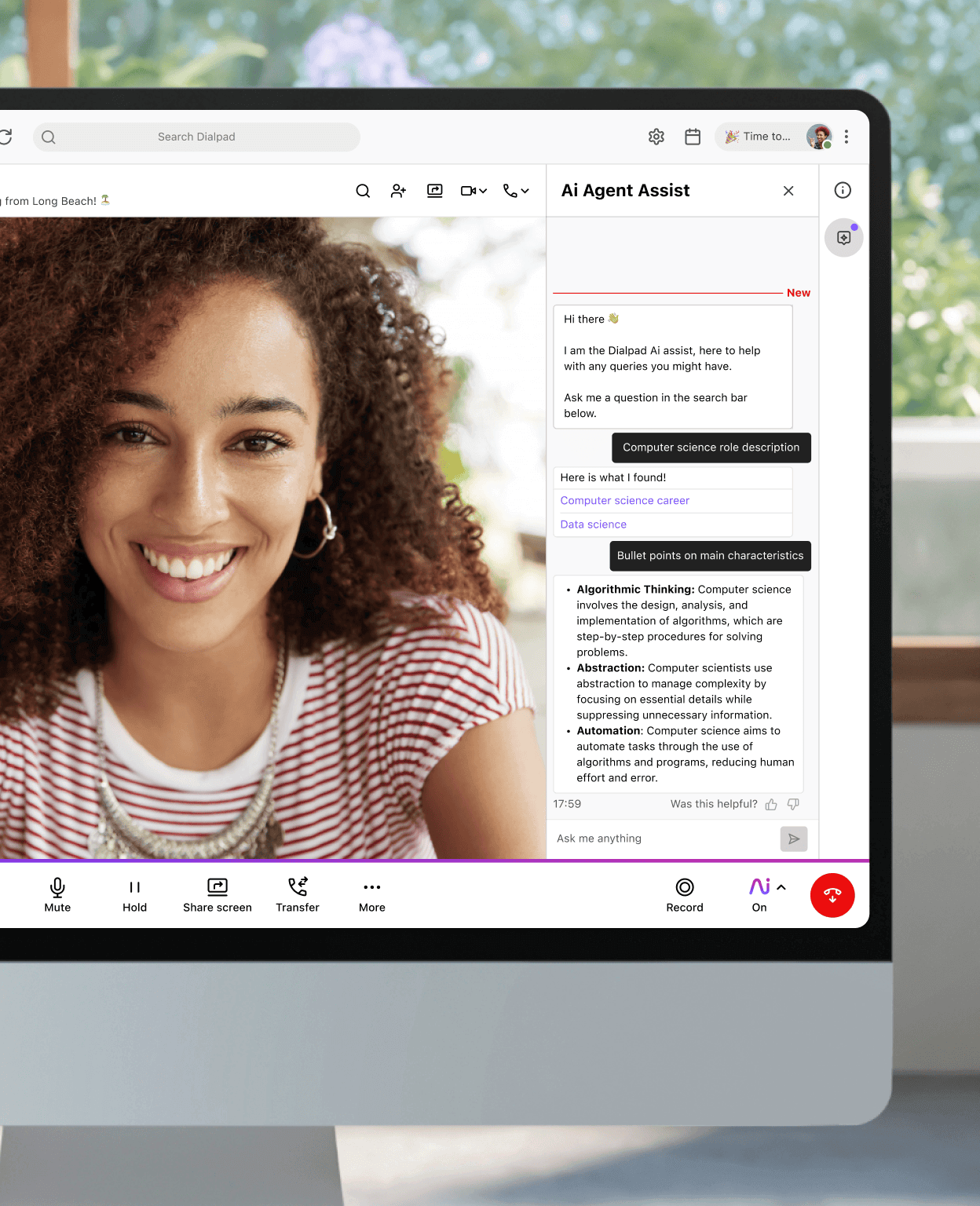A computer showing a screenshot of Dialpads AI Assist feature