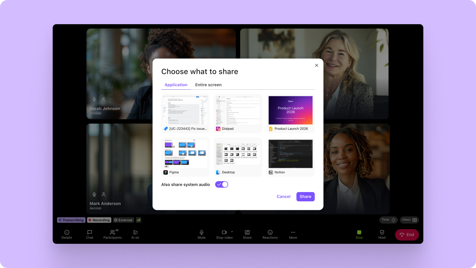 Organized screen sharing for meetings in Dialpad app