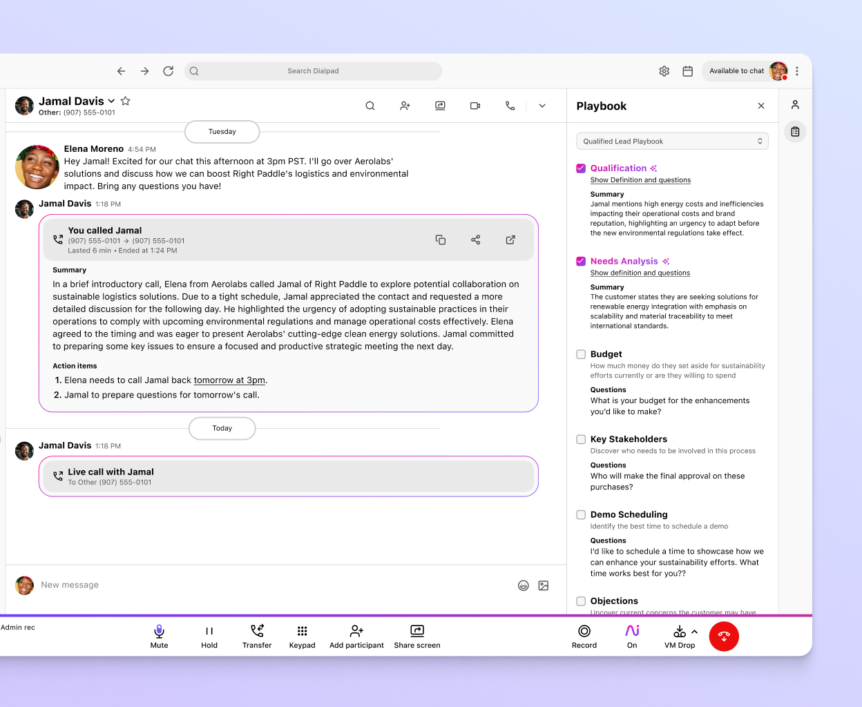 Screenshot of Dialpad AI suggesting BANT sales playbook tasks for a rep in real time