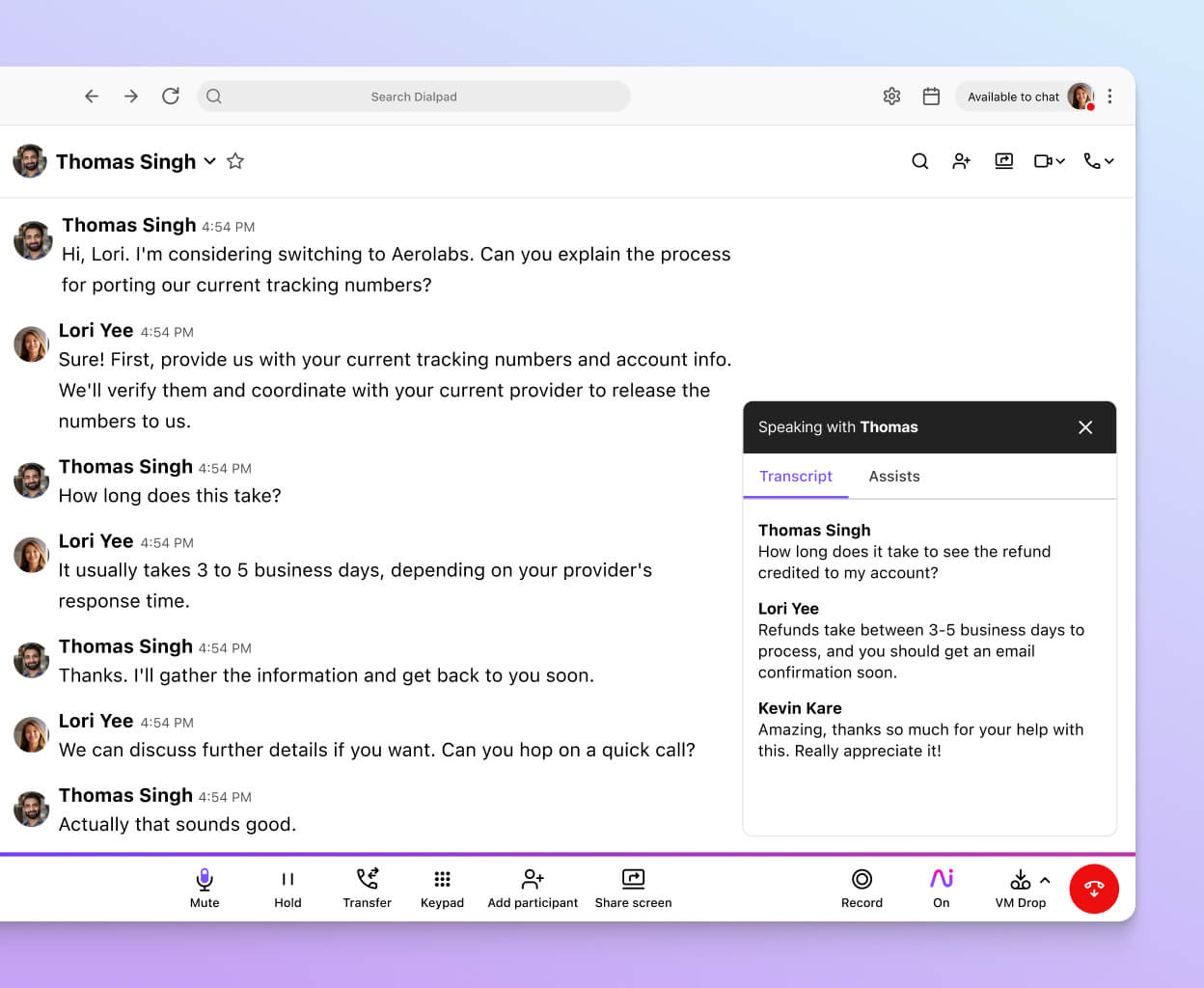  The text of a call being transcribed in real time on Dialpad’s app