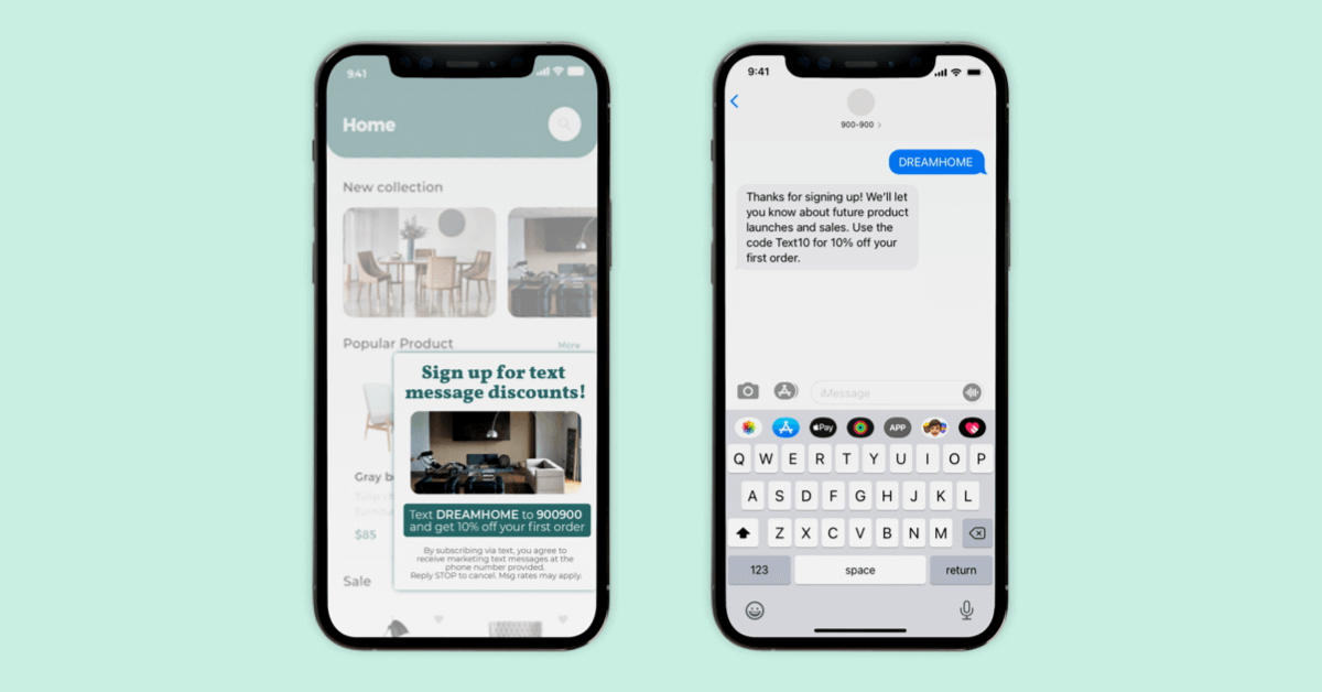 Mockup of two smartphones side by side on a light green background