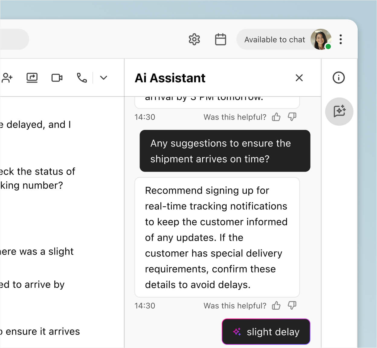 Screenshot of Dialpads real time assist card feature popping up helpful notes for an agent or rep when a tricky question comes up on a call