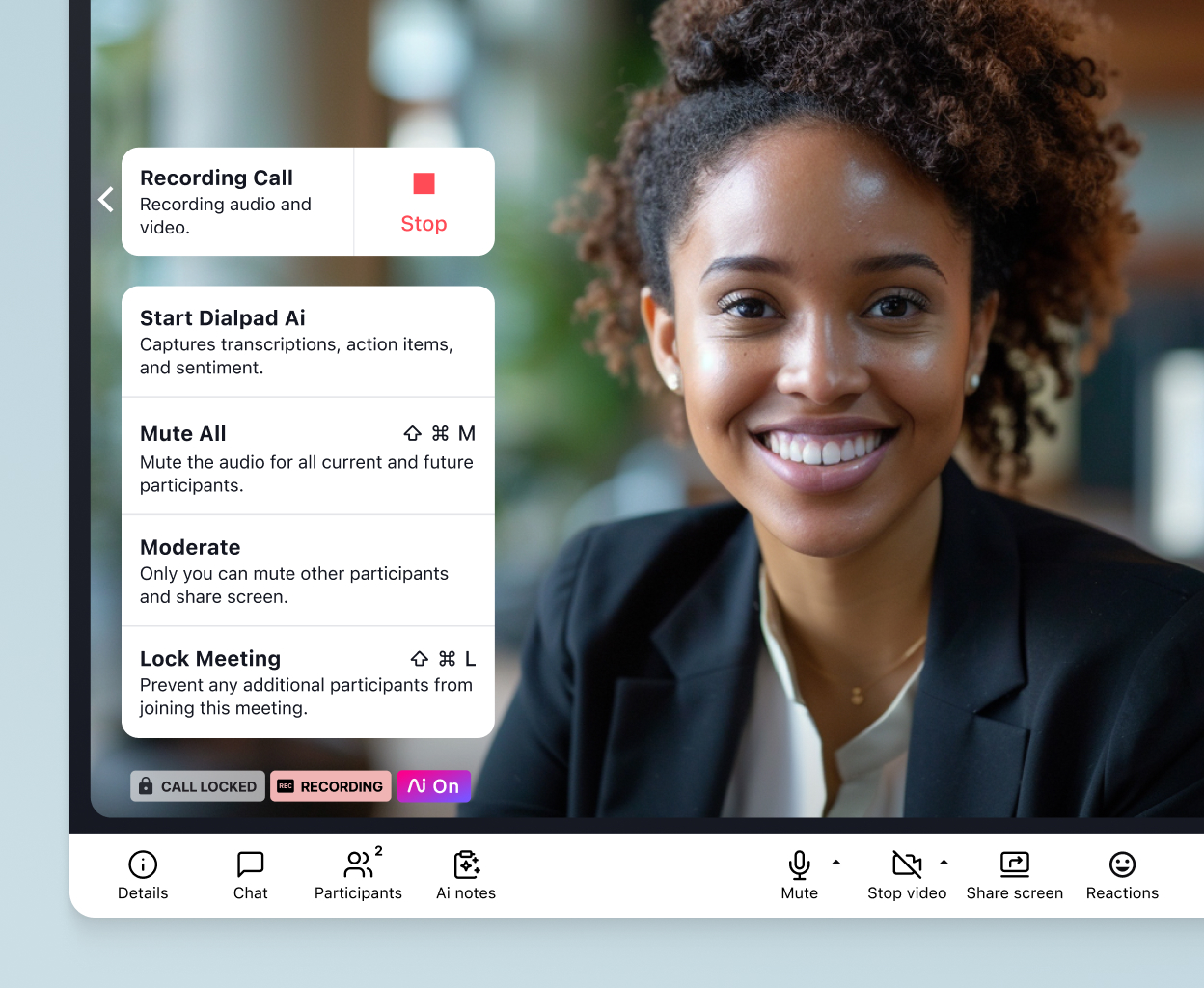 Screenshot of locking a video call in Dialpad using the built-in security controls