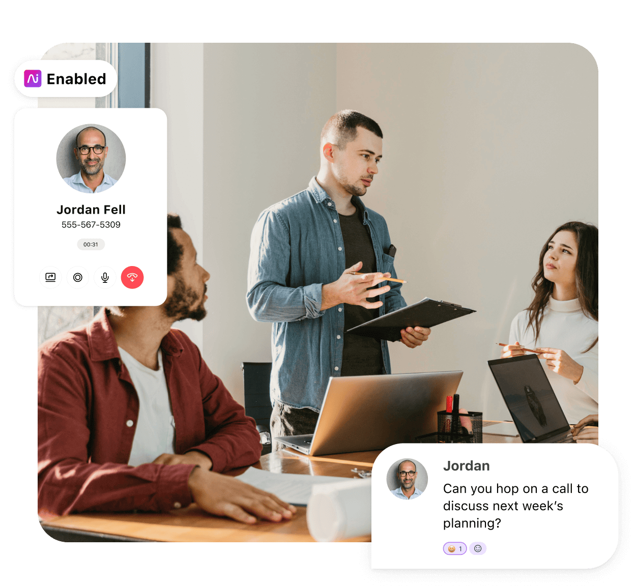 Three people in a meeting