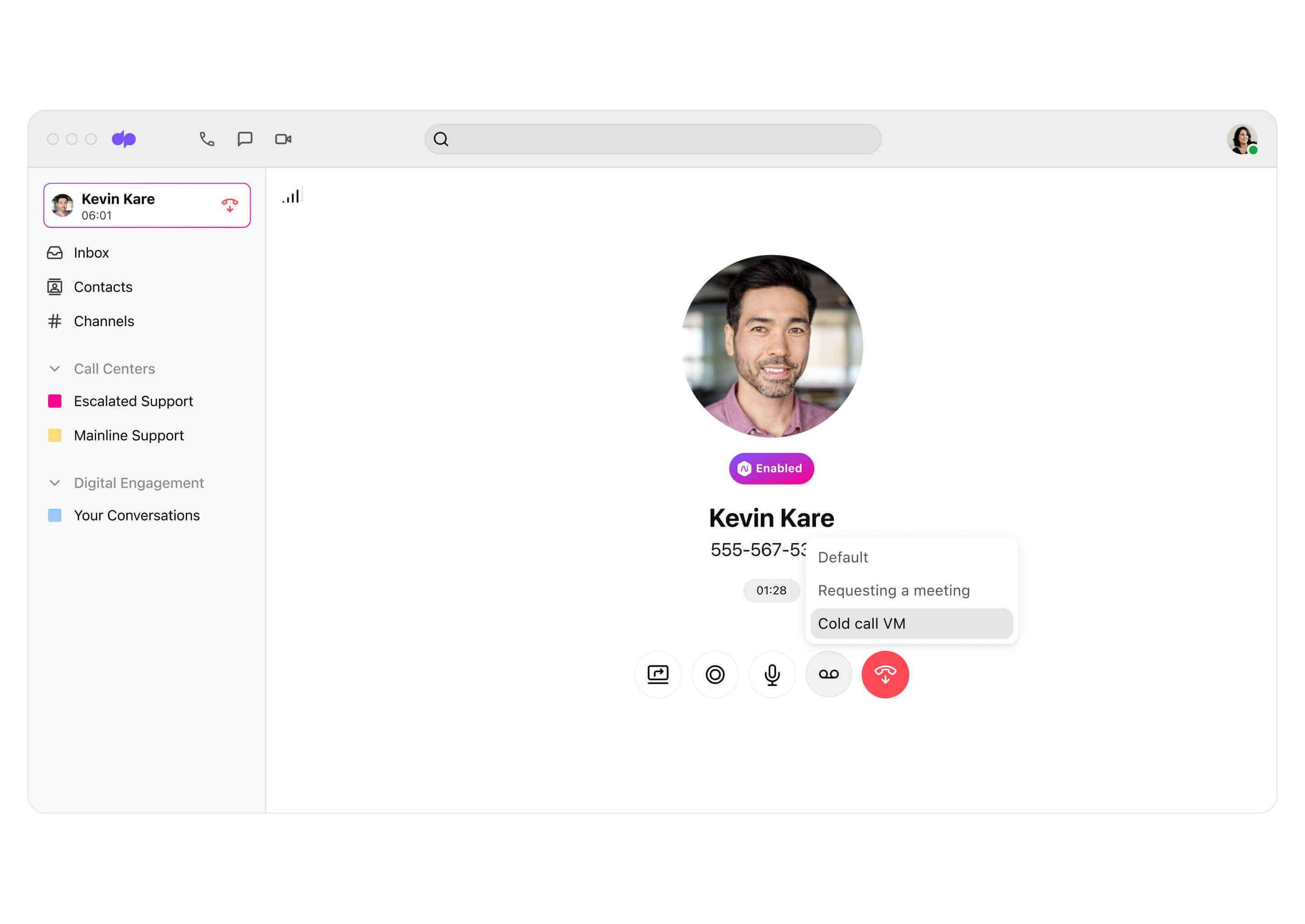 Screenshot of dialpad-s voicemail drop feature for sales reps to drop in pre-recorded messages when they hit prospects- voicemails