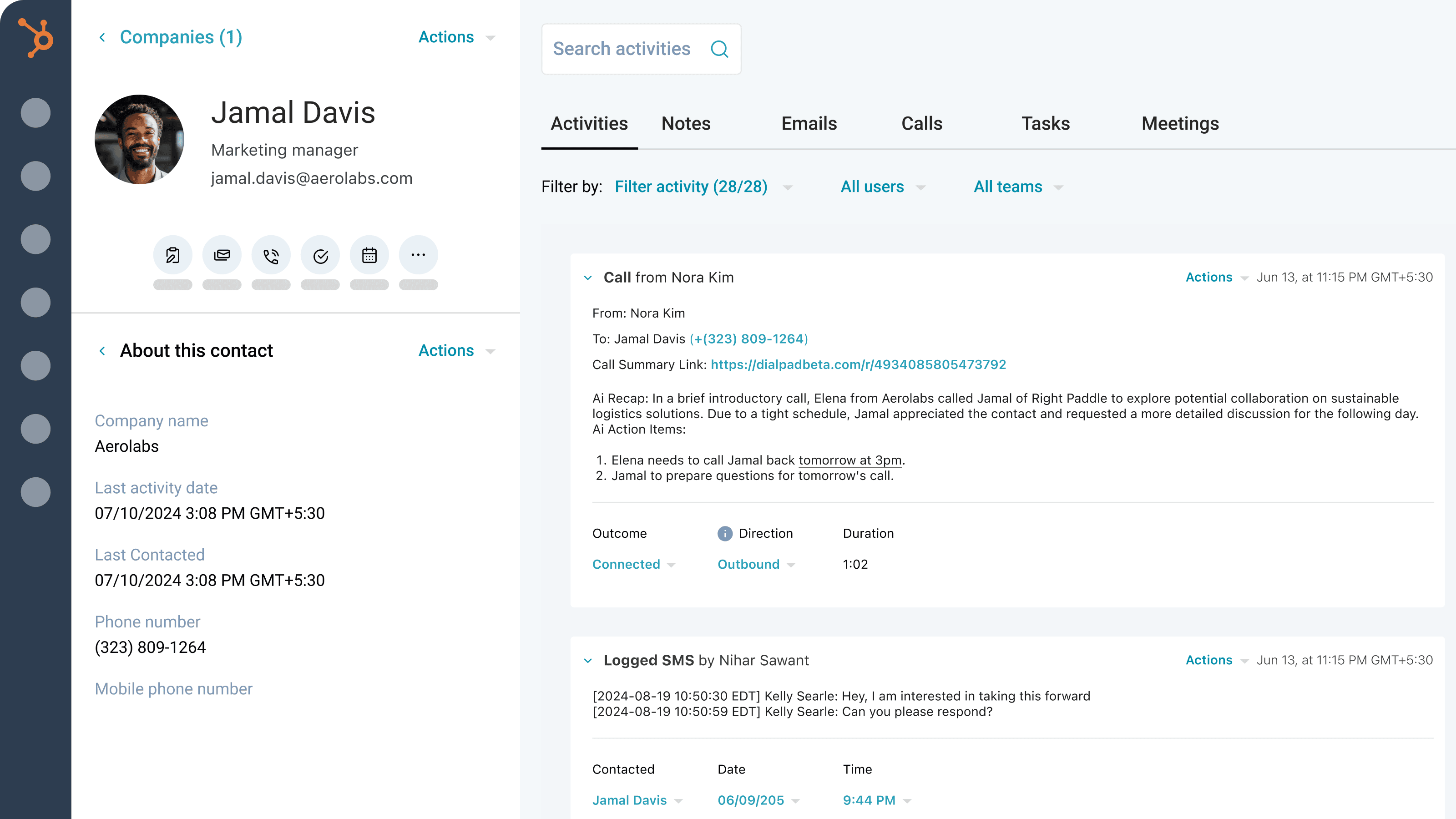 Dialpad call and SMS logging in HubSpot contact activities