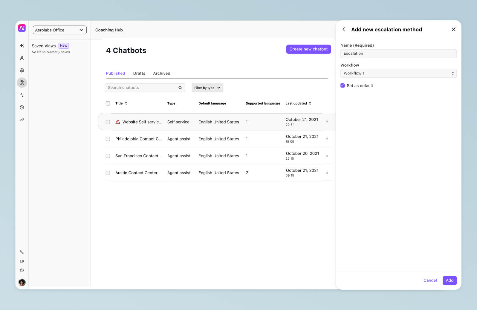 Screenshot showing how to add an escalation method in Dialpad for customers needing additional assistance