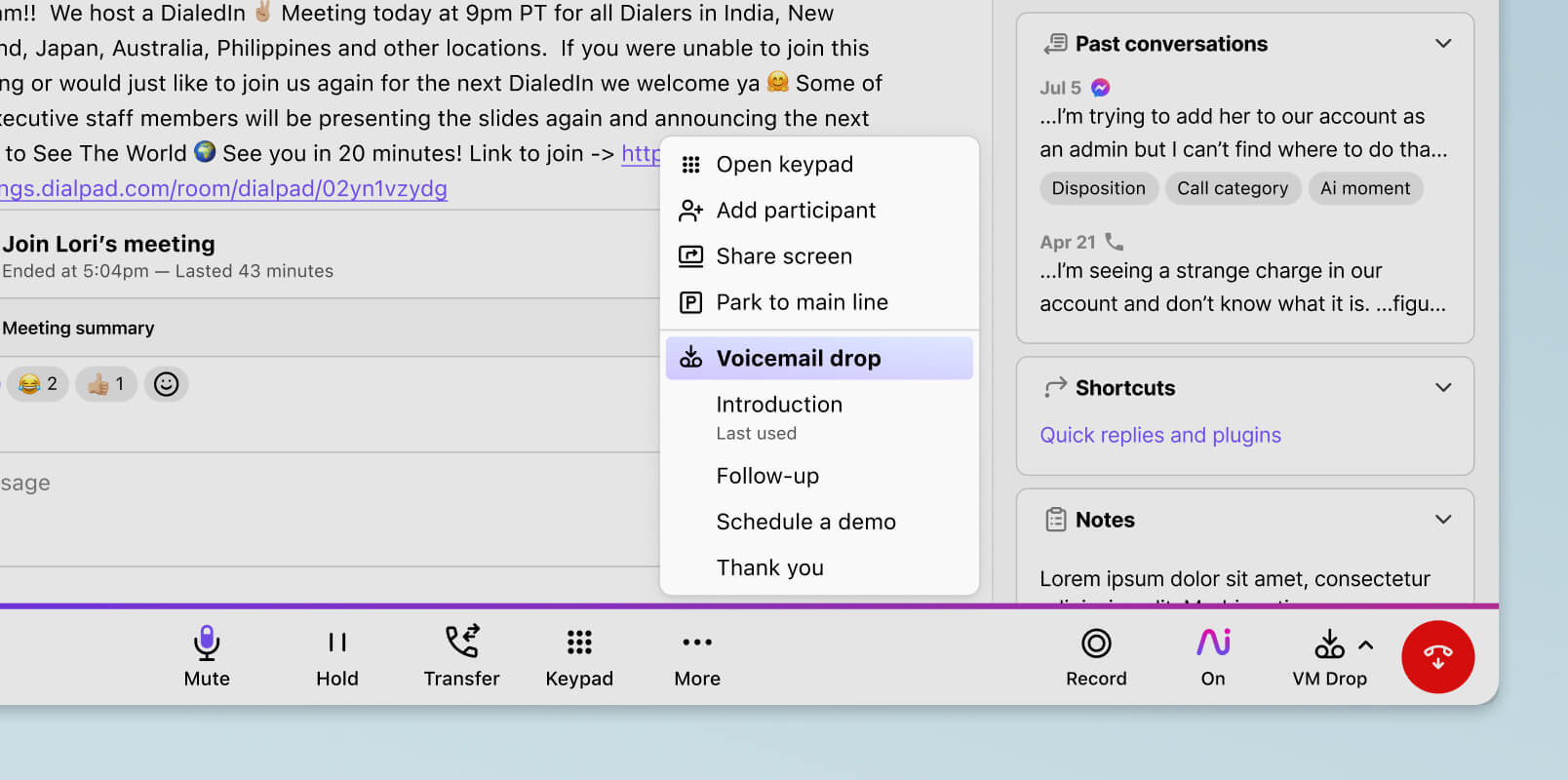 Screenshot of Dialpads voicemail drop feature which lets sales reps drop in a pre recorded message when they hit prospects voicemails