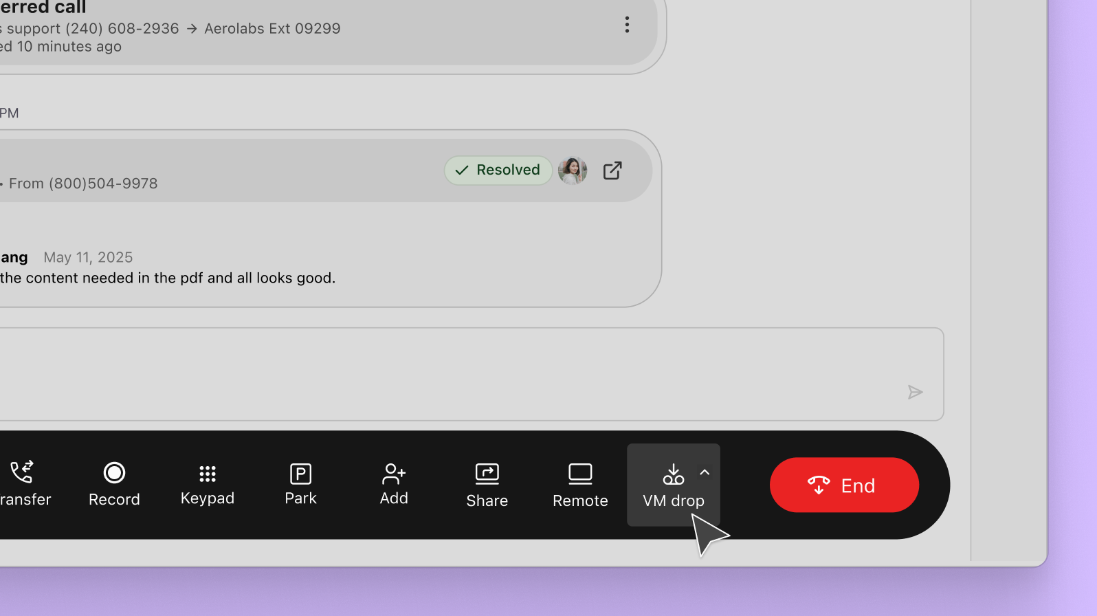 Screenshot of Dialpads voicemail drop feature which lets sales reps drop in a pre recorded message when they hit prospects voicemails