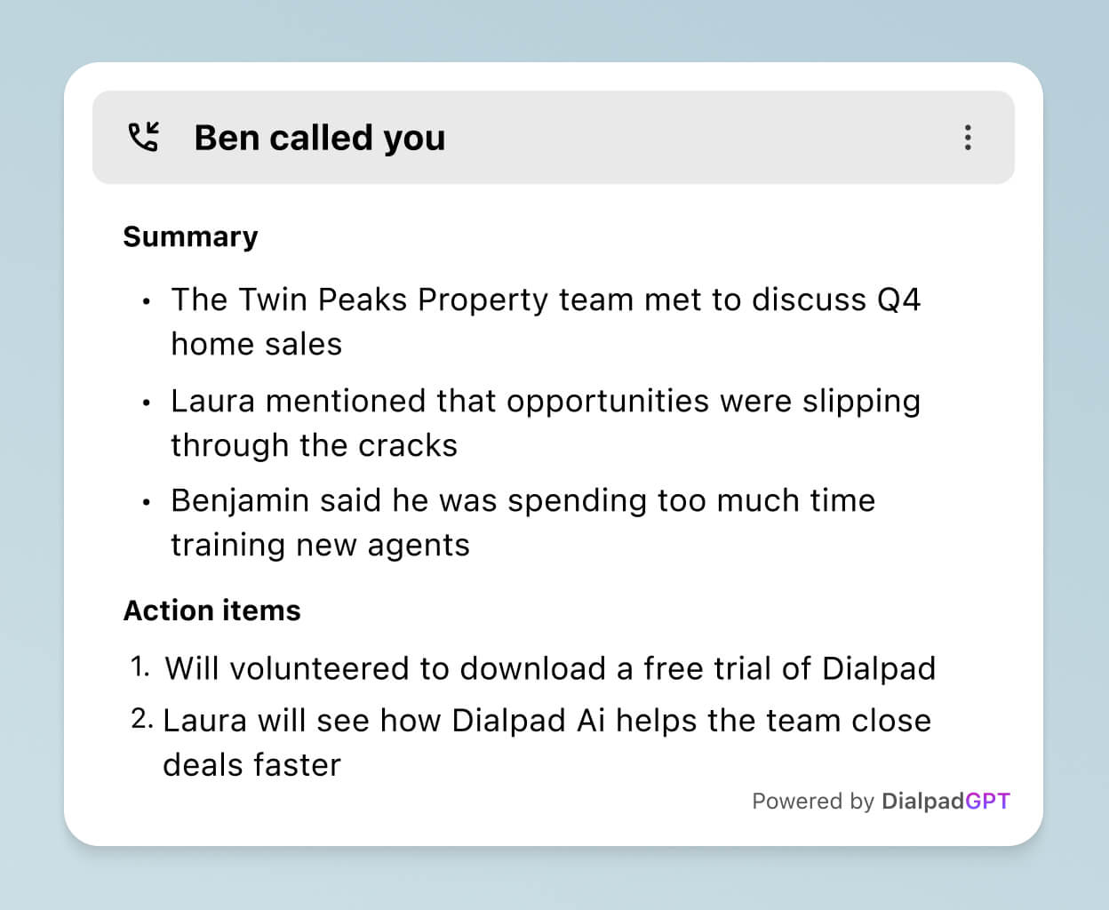 Screenshot of Dialpad AI Recaps generating a summary and action items after a phone call ends