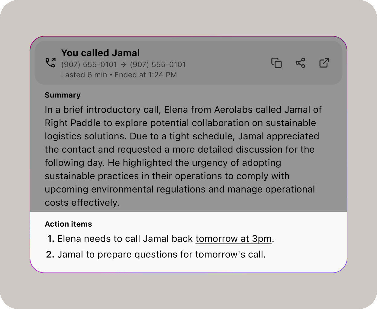 Screenshot of Dialpad AI Recaps generating action items after a phone call