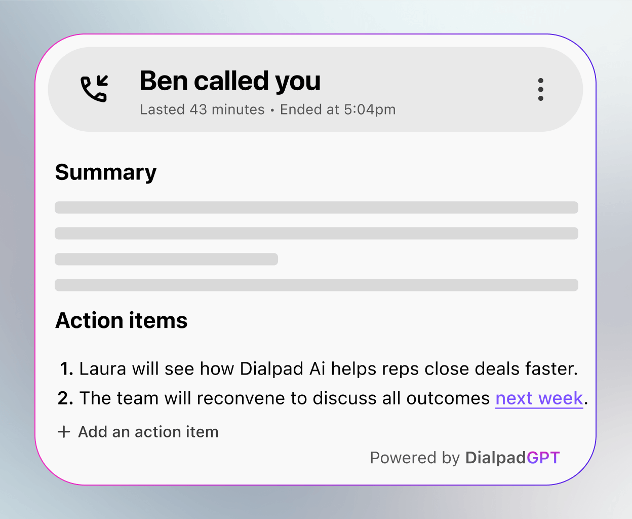 Screenshot of Dialpad AI Recaps generating action items after a phone call