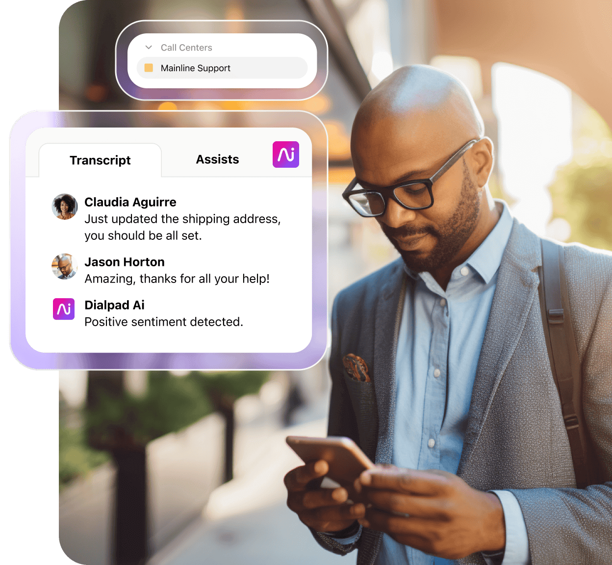 Screenshot of Dialpad Ai transcribing a phone call in real time