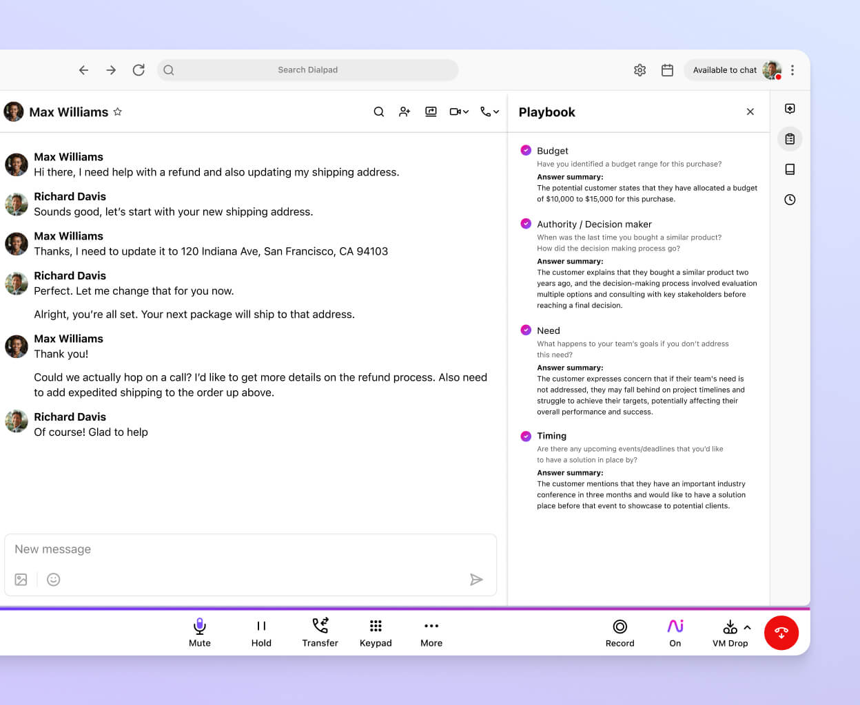 Screenshot of Dialpad-s AI Playbooks feature, displaying a user interface for accessing AI-driven call scripts and guidance