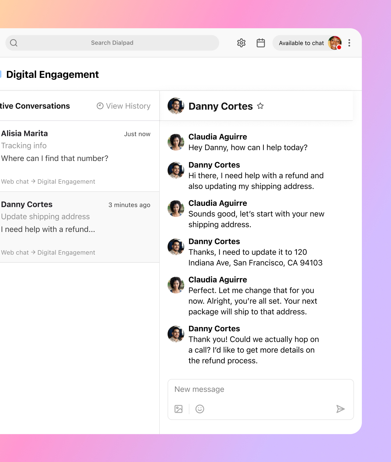Screenshot of social media, digital, and voice channels being handled by an agent in Dialpad-s omnichannel contact center platform