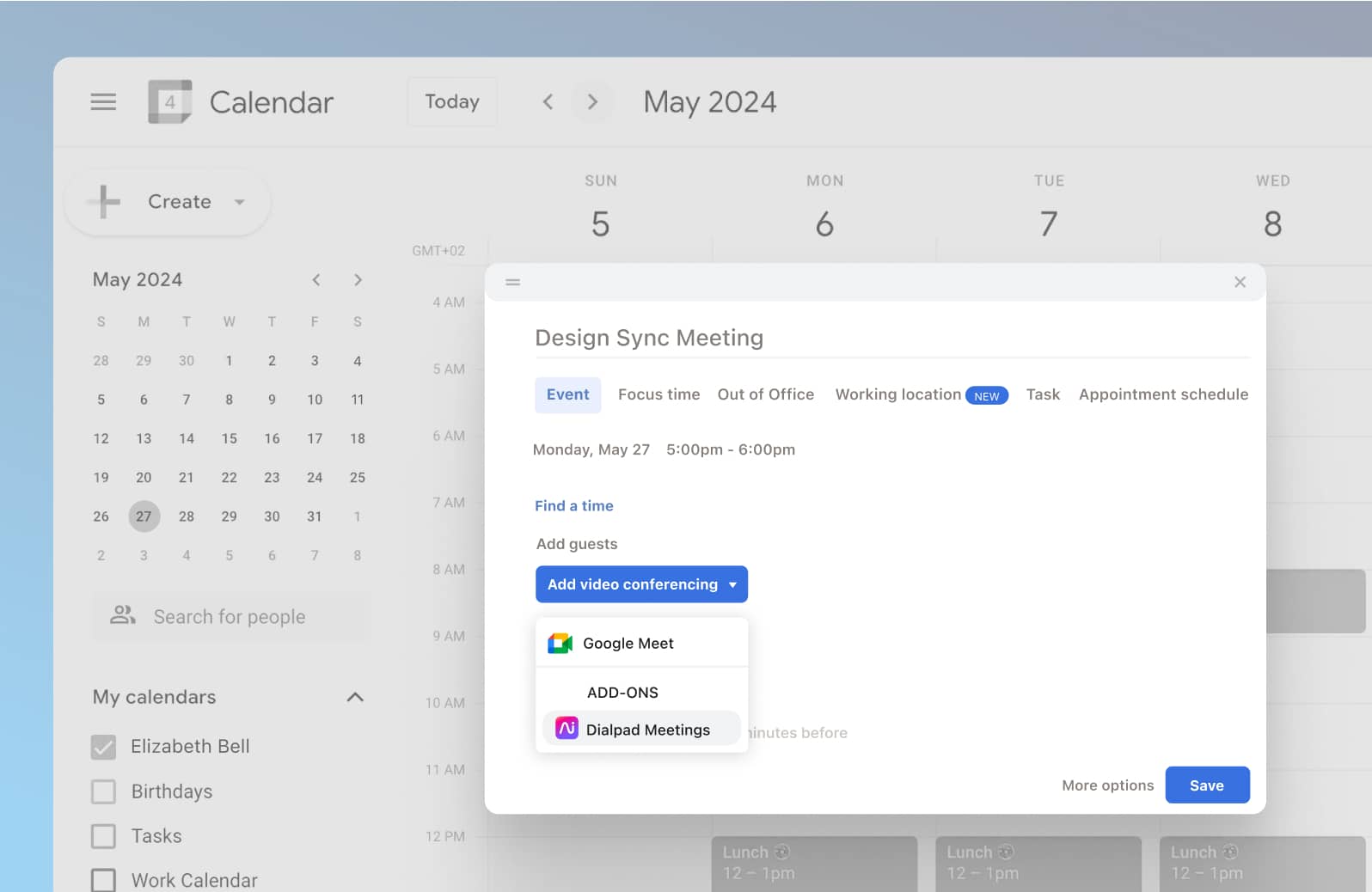 Screenshot of Dialpad's Google Calendar integration automatically populating a meeting invite with the link to join the meeting