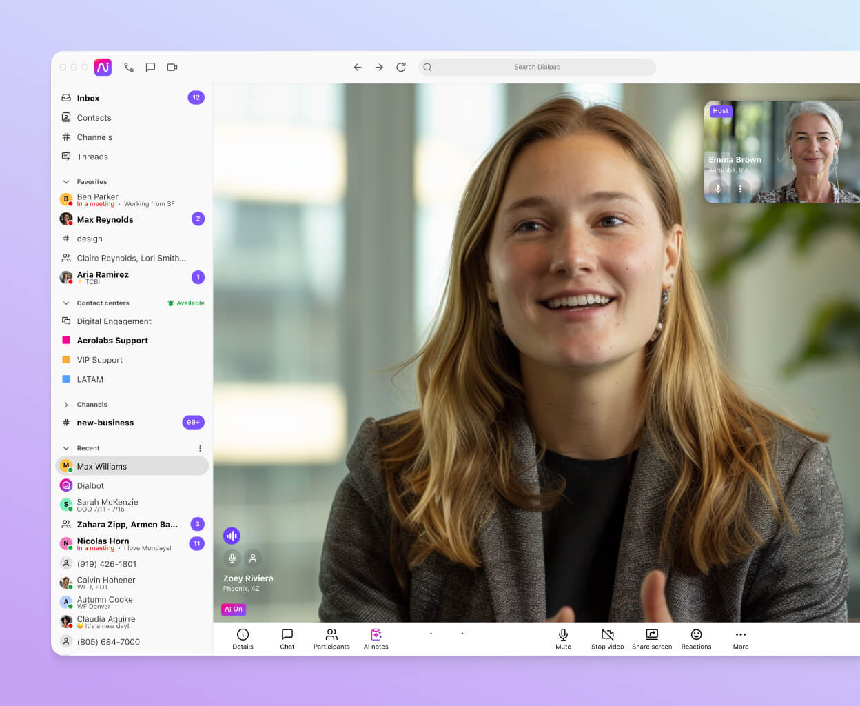 Screenshot of Dialpad's video conferencing interface displaying a video feed with two participants