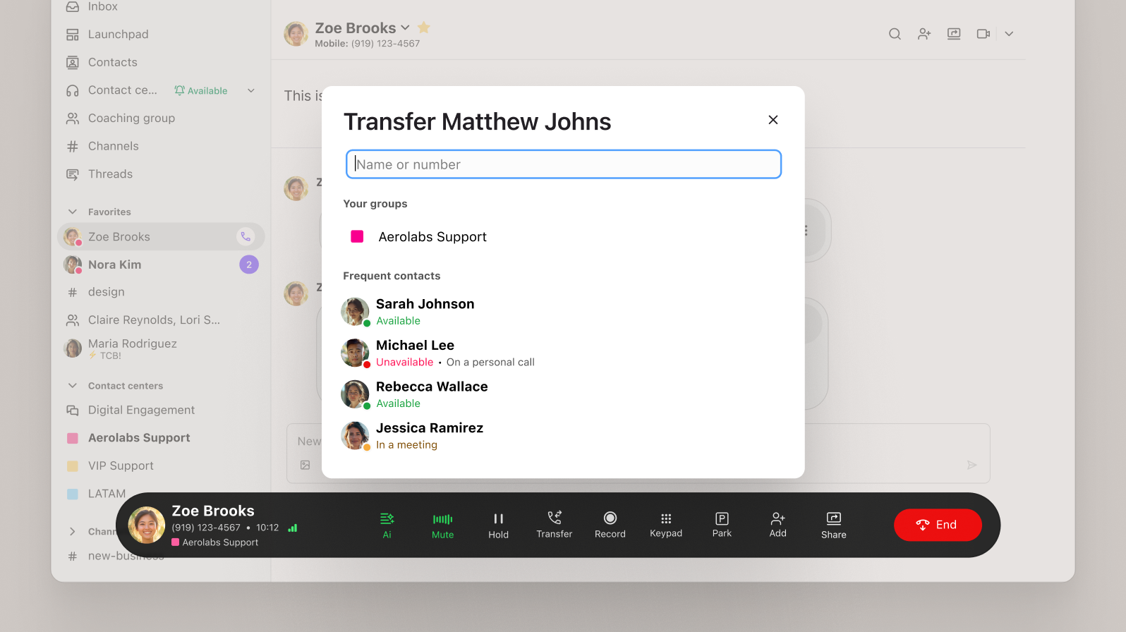 Screenshot showing the call transfer feature in Dialpad