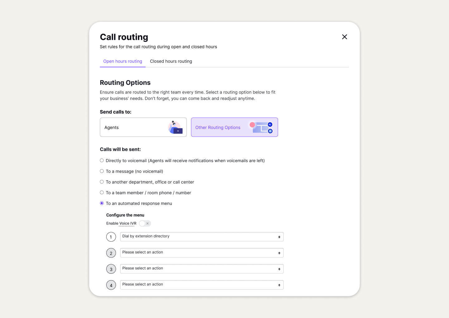 Screenshot of Dialpad's call routing options