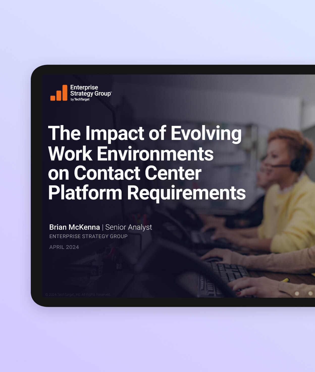 Mockup of an ebook titled The Impact of Evolving Work Environments on Contact Center Platform Requirements