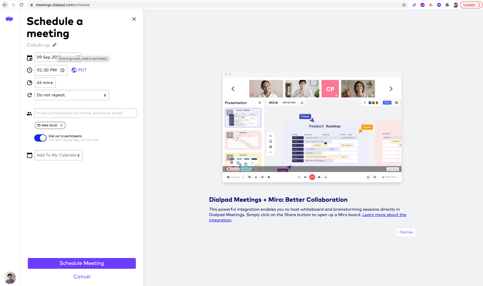 Scheduline a conference dial out in dialpad