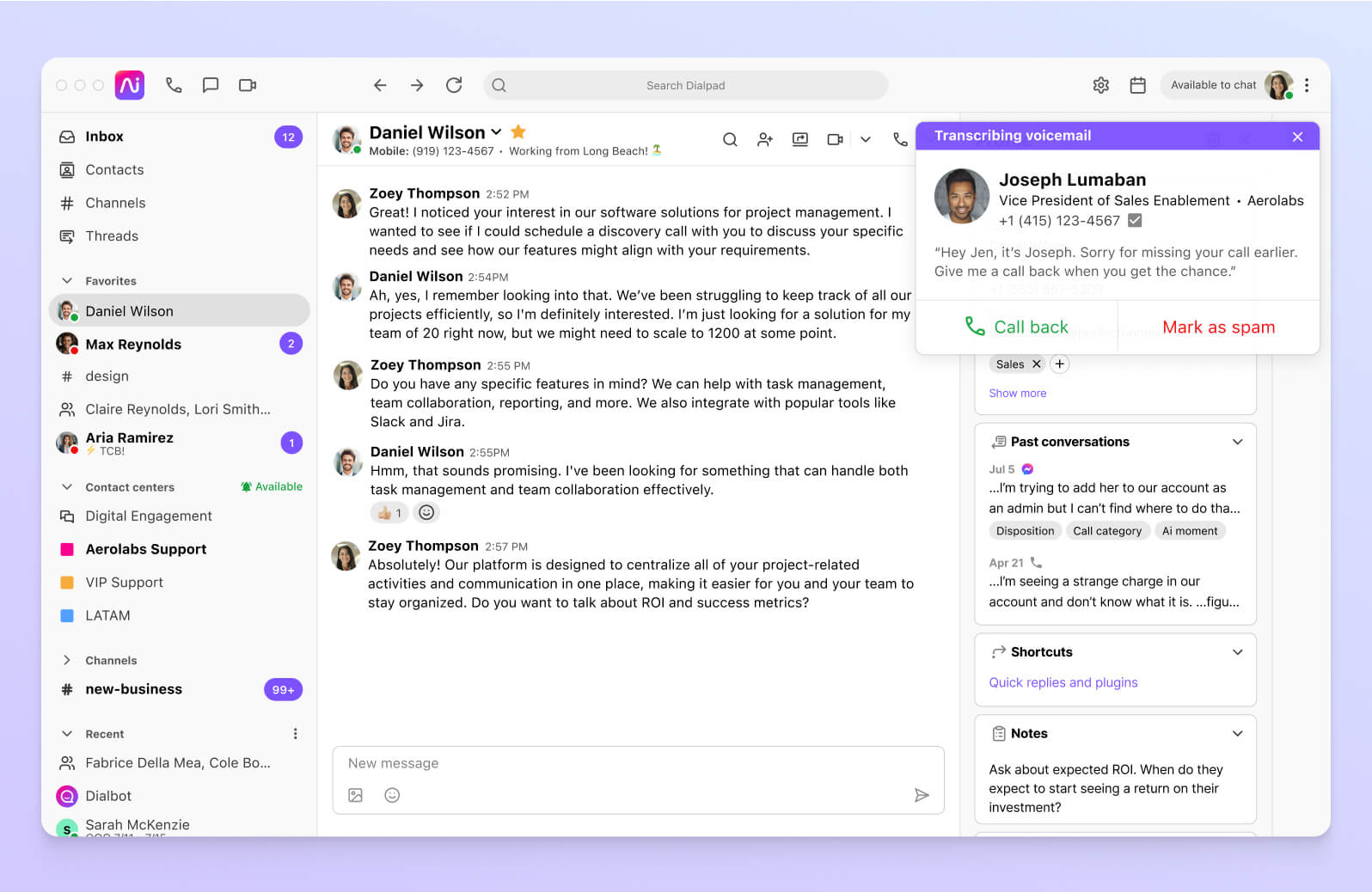 Screenshot of Dialpads visual voicemail transcription feature