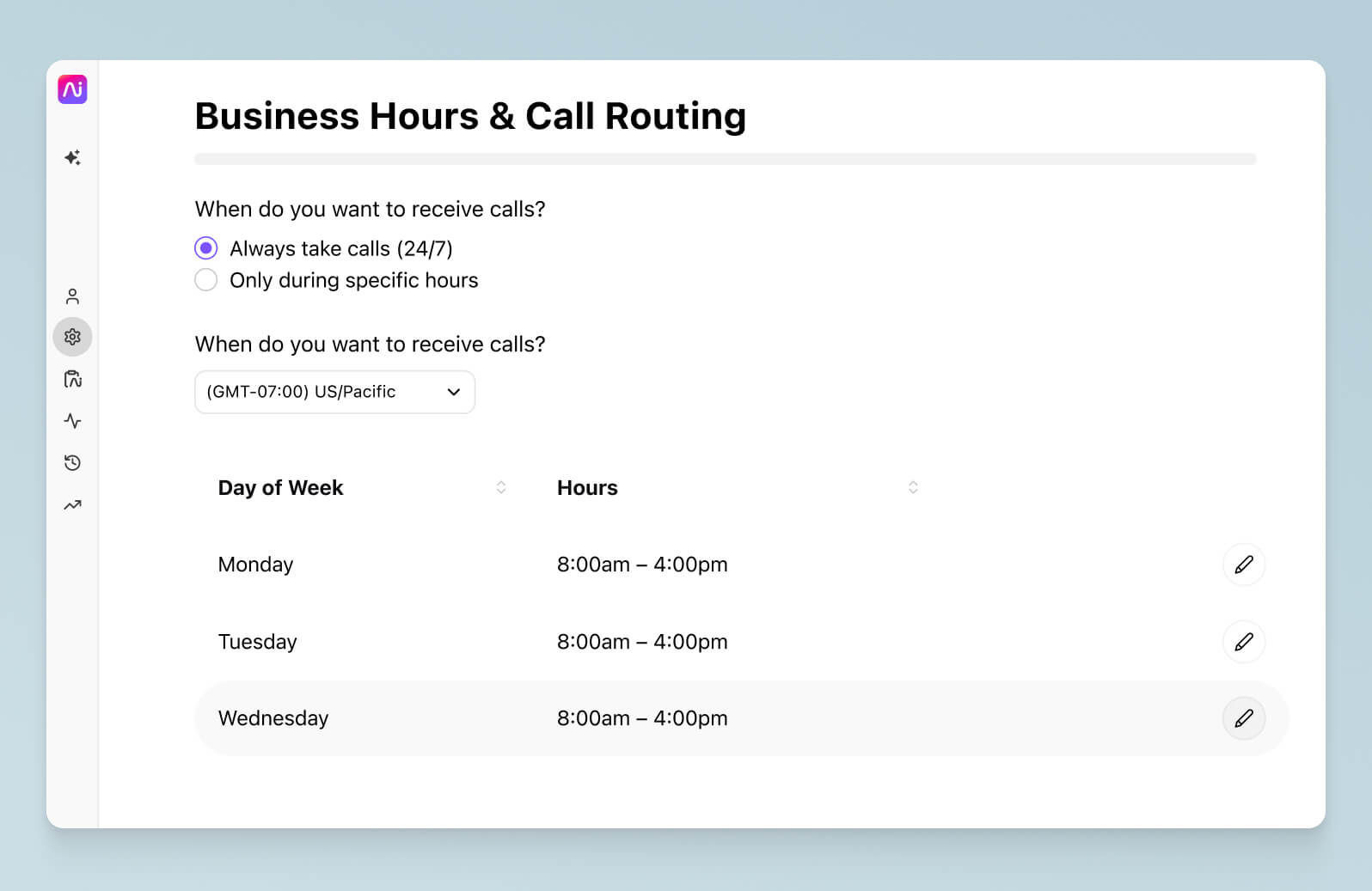 Screenshot of setting business hours for a company from Dialpads dashboard