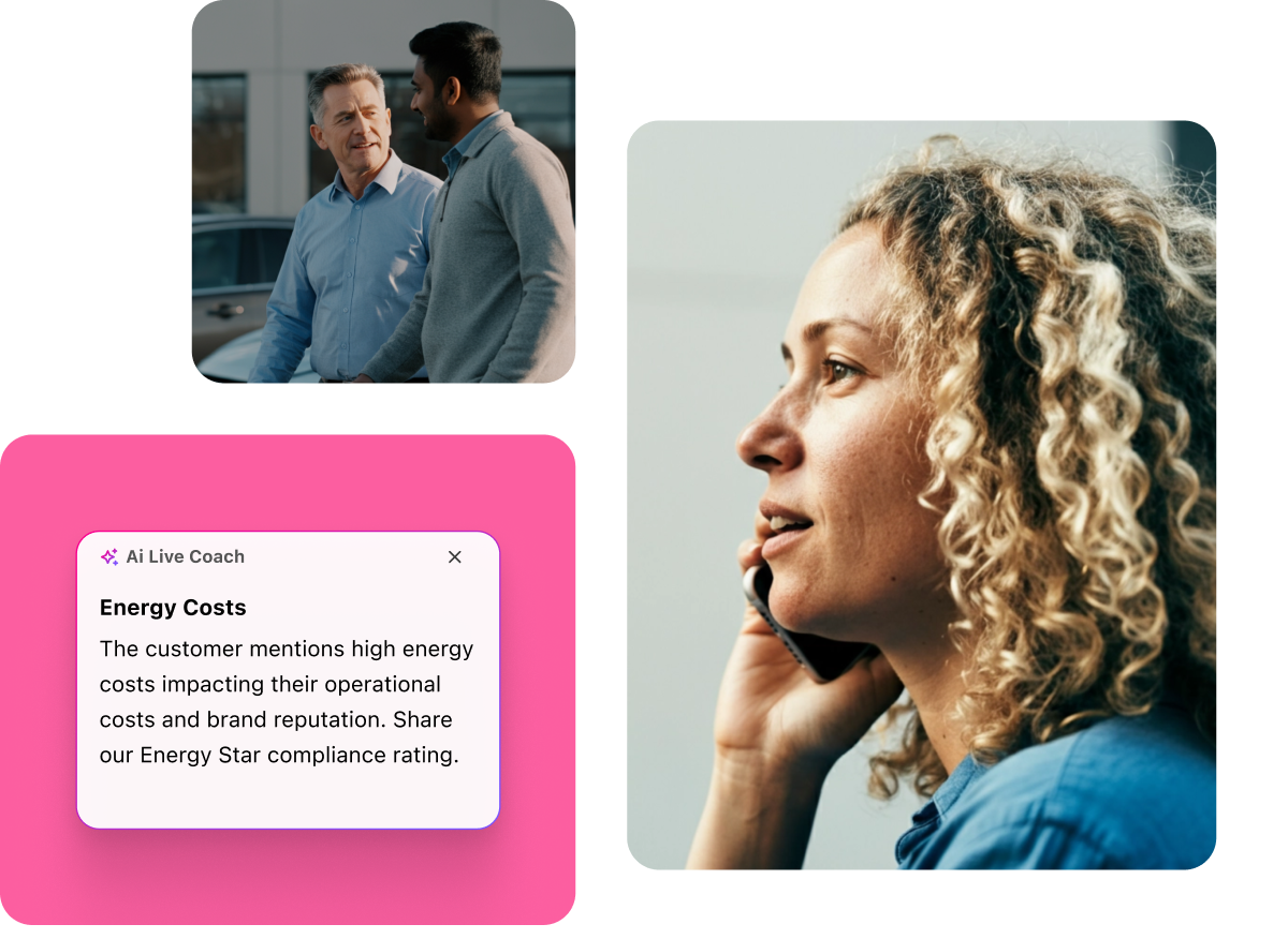 Image of two people talking to one another in a car lot, Screenshot of Ai Live Coach providing information to a human agent in real time during a sales conversation, Image of a person making a phone call on a mobile phone