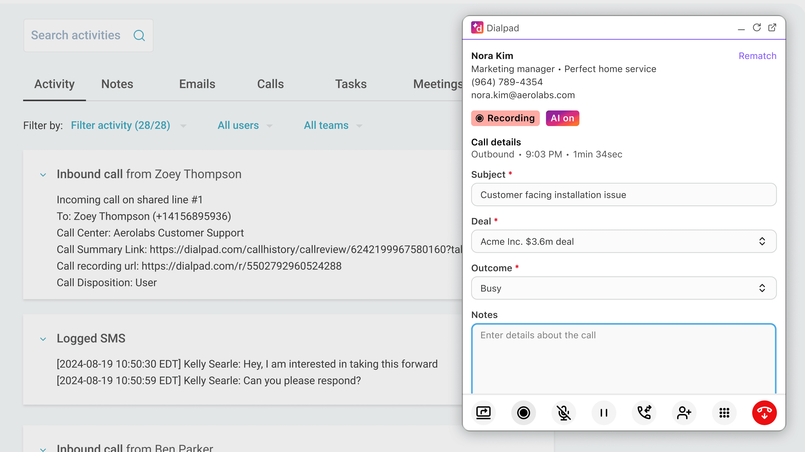Dialpad computer telephony integration (CTI) in HubSpot