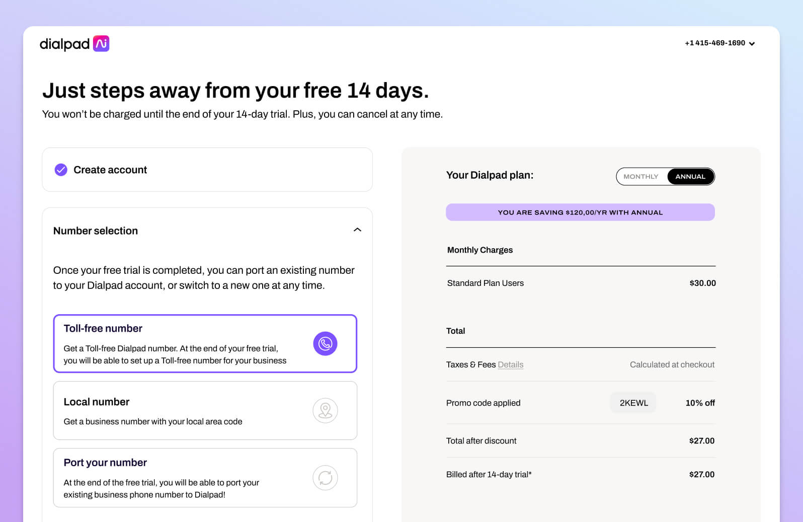 Screenshot of obtaining a toll-free number during Dialpad account setup