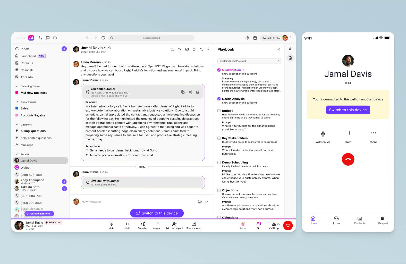 Screenshot of Dialpad's call flip feature seamlessly flipping a call between a desktop and mobile app
