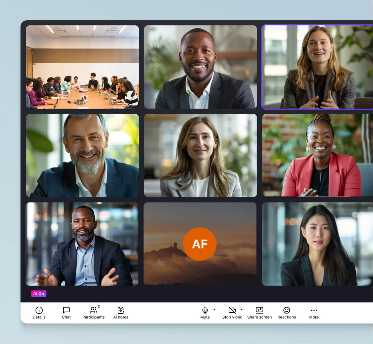 Screenshot of Dialpad's video conferencing feature in grid view, displaying multiple participant video feeds