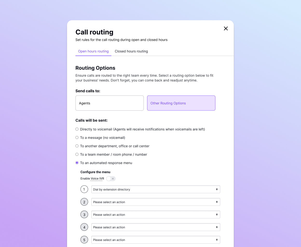 Screenshot of Dialpad's call routing options