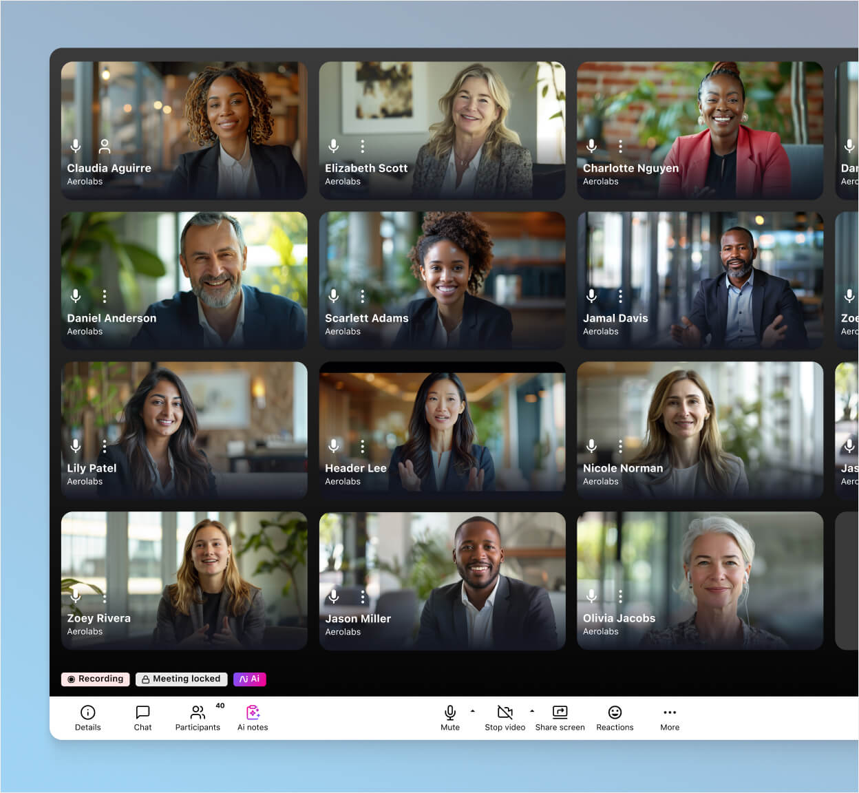 Screenshot of Dialpad's video conferencing feature in grid view, displaying multiple participant video feeds