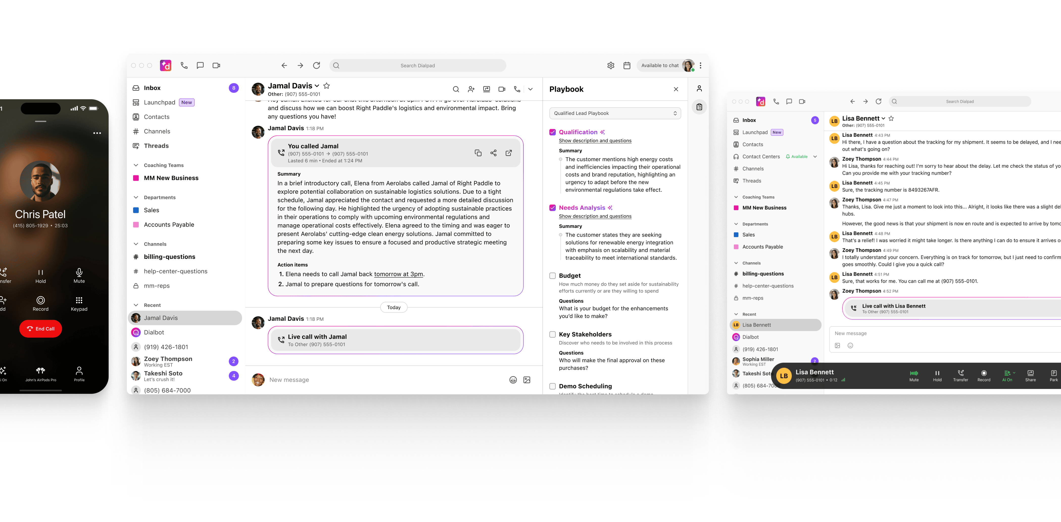 Image of a mobile phone receiving a call from a known contact, Screenshot of the Dialpad desktop app showing a call summary from a sales rep to a prospect with Ai Playbook information on the side of the call summary, Screenshot of the Dialpad desktop app and a transcript of an agent helping a customer find the information they need while on a live call