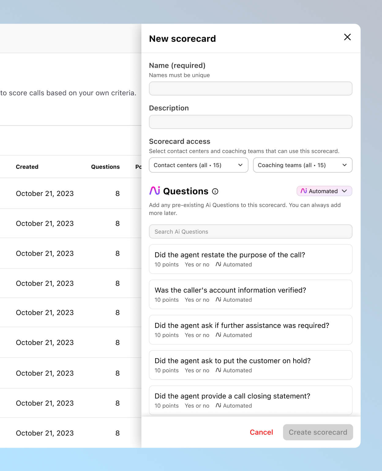 Screenshot of adding a new scorecard on Dialpad