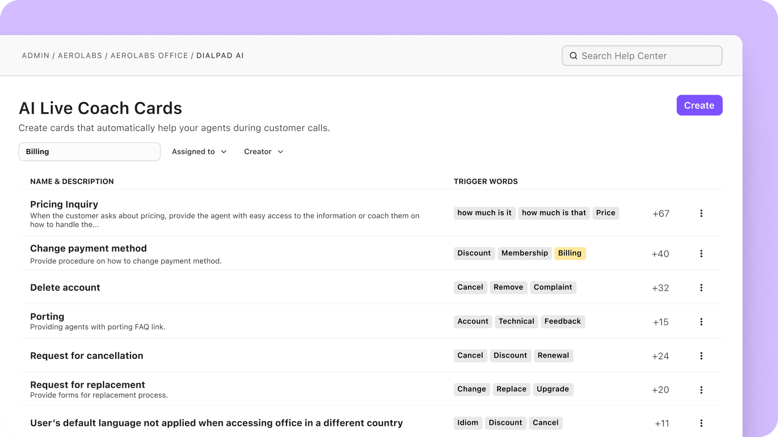 Screenshot of Ai Live Coach Cards in Dialpad, created by admins to automatically guide contact center agents during calls