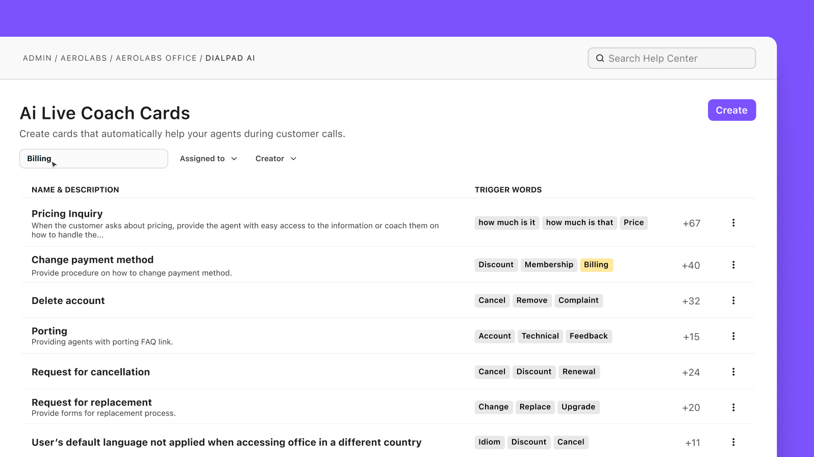Screenshot of Ai Live Coach Cards in Dialpad, created by admins to automatically guide contact center agents during calls