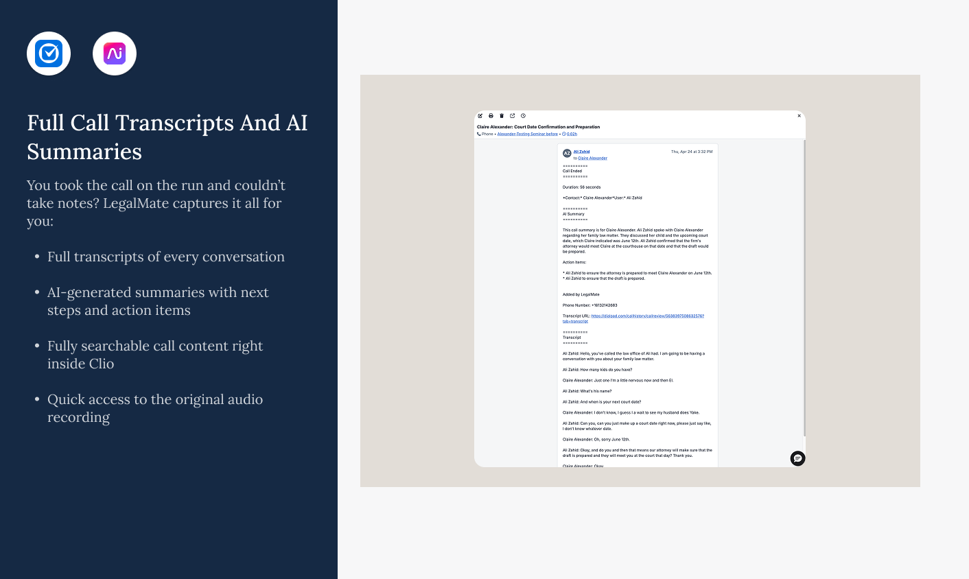 Full call transcript - Dialpad Clio LegalMate