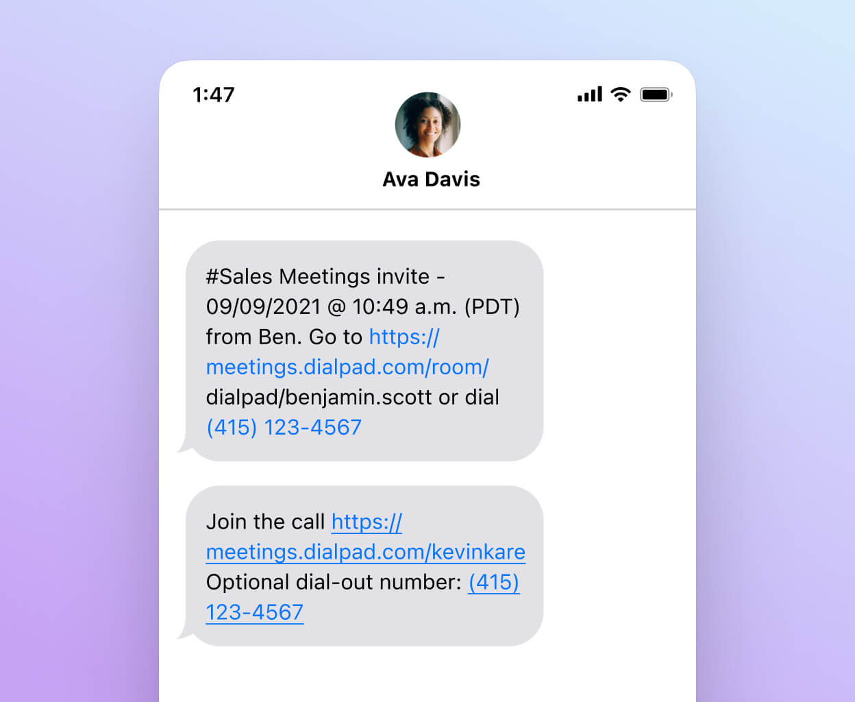 Screenshot of Dialpads business text messaging functionality