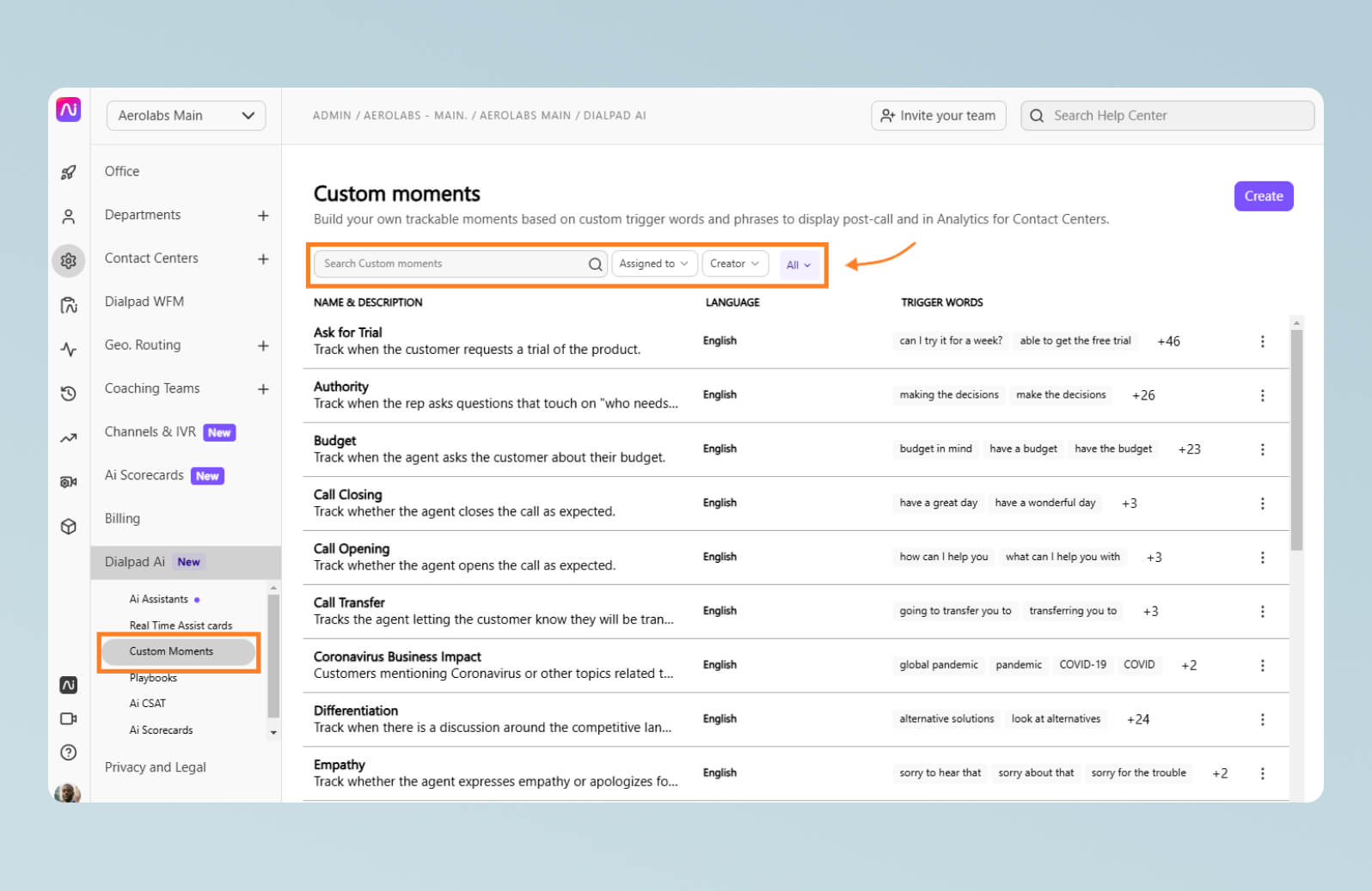 Screenshot of a list of Custom Moments in Dialpad, which automatically alert managers when specific trigger words are spoken during calls