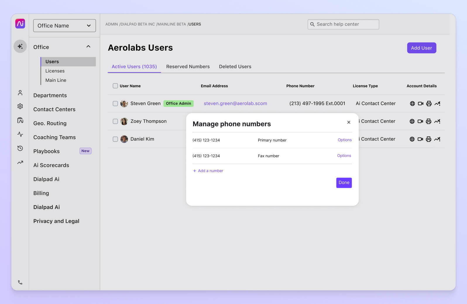 Screenshot of adding and managing phone numbers from Dialpad's online dashboard