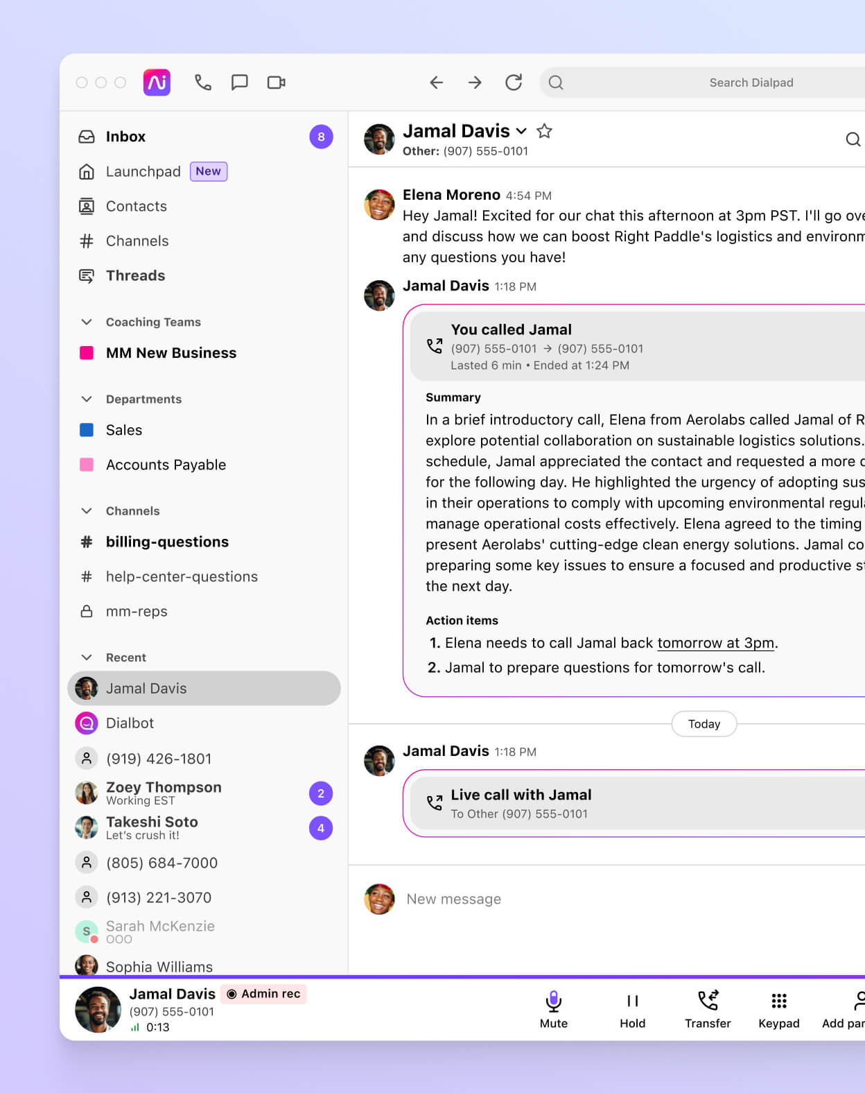 Screenshot of Dialpad AI Recaps generating a summary and action items after a phone call ends