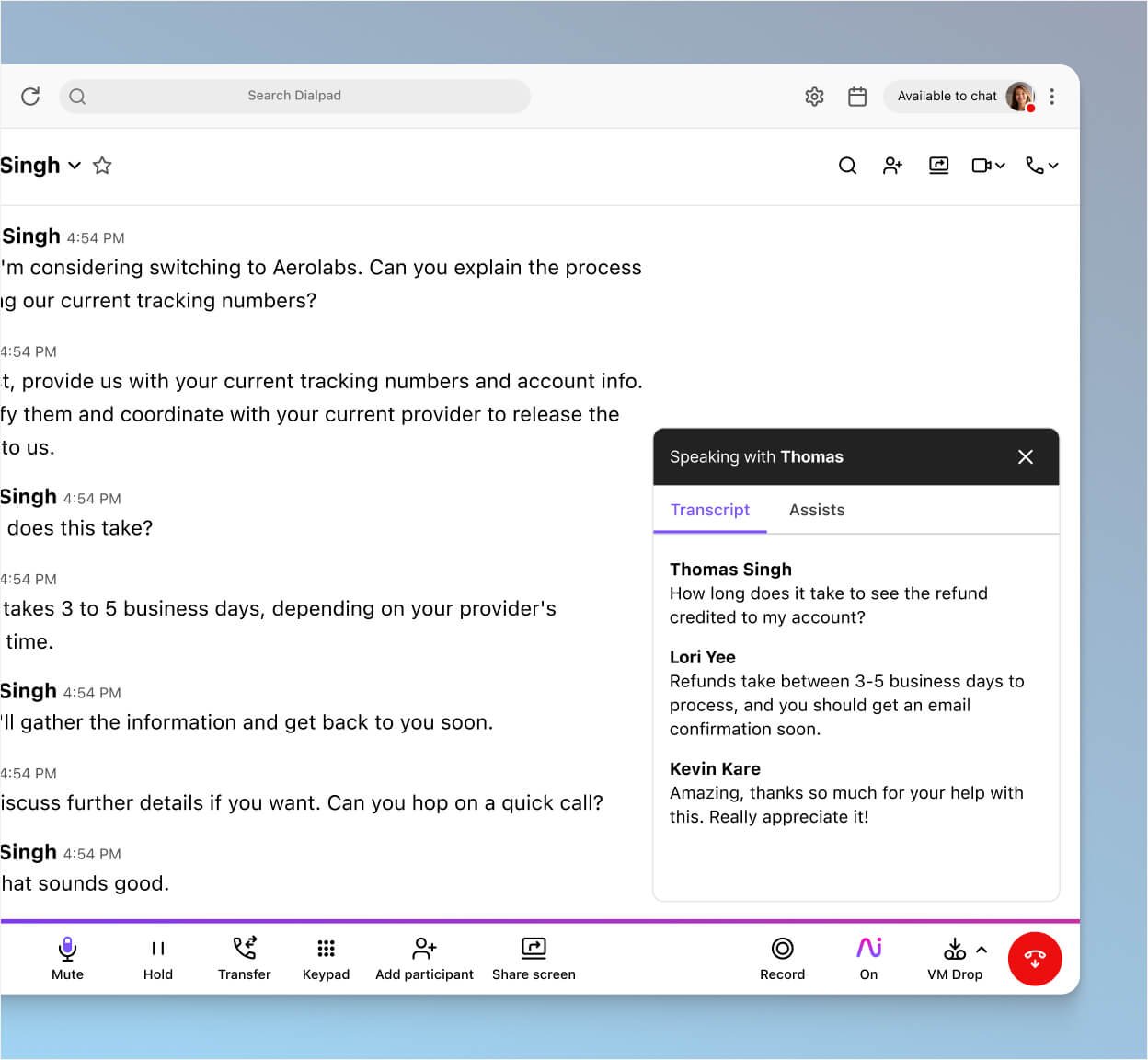 Desktop screenshot of Dialpad Ai transcribring a call in real time