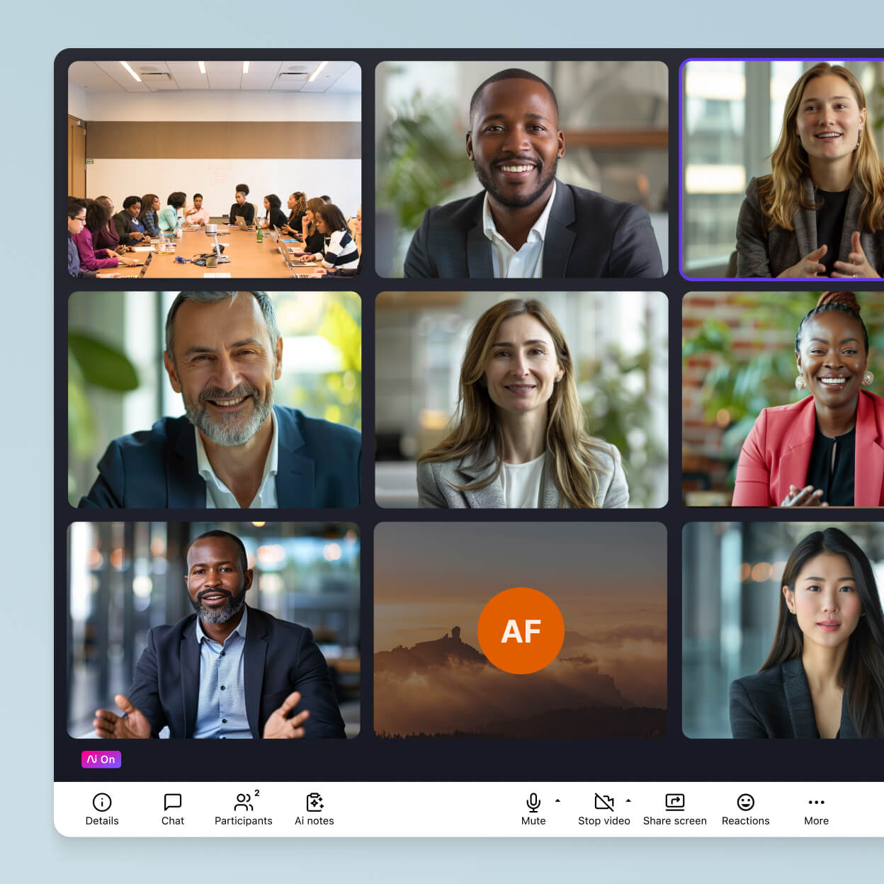 Screenshot of Dialpad's video conferencing feature in grid view, displaying multiple participant video feeds