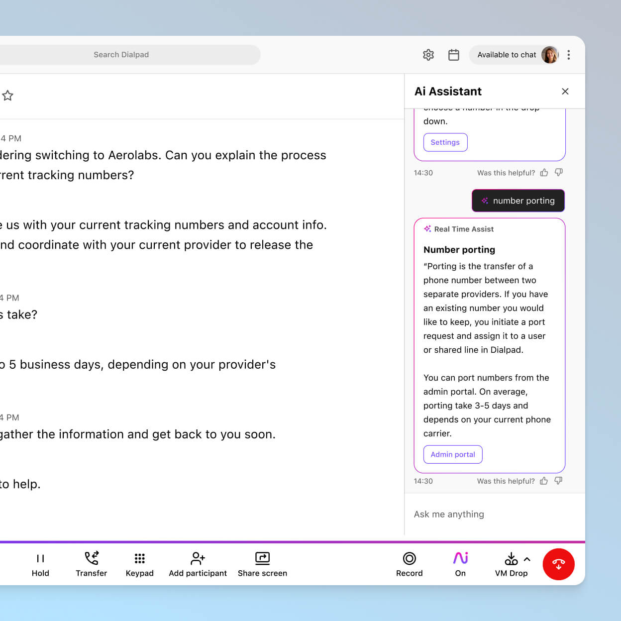 Screenshot of Dialpads real time assist card feature popping up helpful notes for an agent or rep when a tricky question comes up on a call